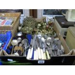 A Quantity of loose Plated and Stainless cutlery, ivorine handles noted, brass decorative wears,