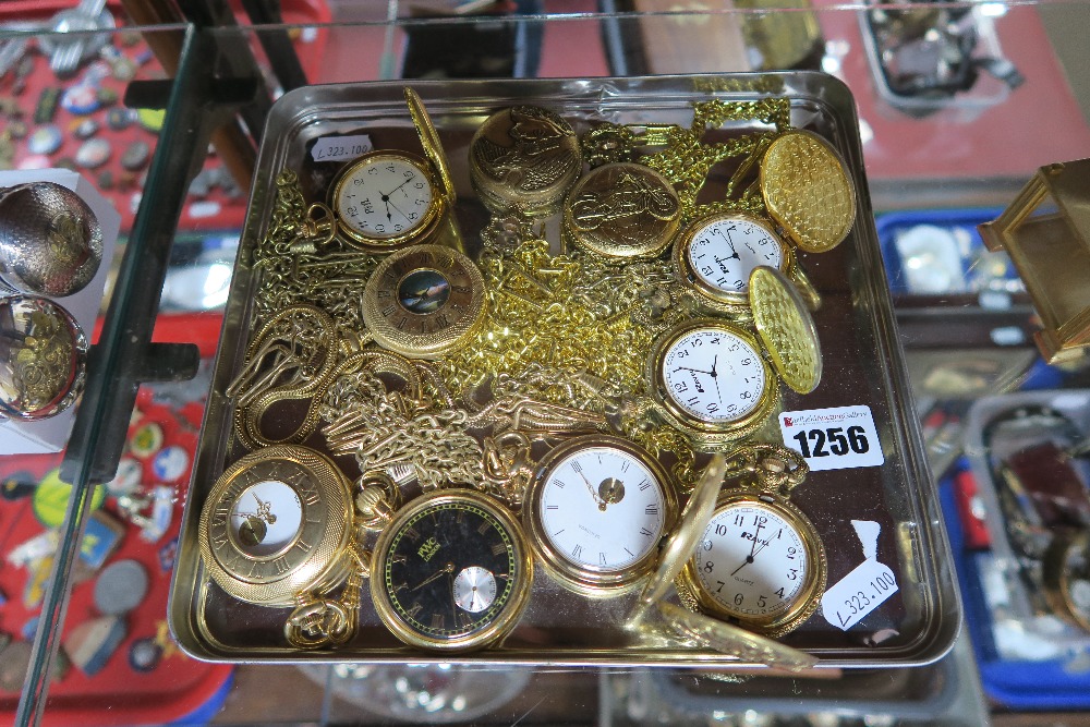 Ten Modern Gold Plated Cased Pocketwatches, together with assorted chains.