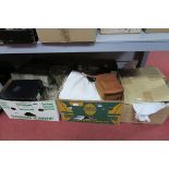 Glassware, tablecloth, camera, pottery shire horse, etc:- Two Boxes