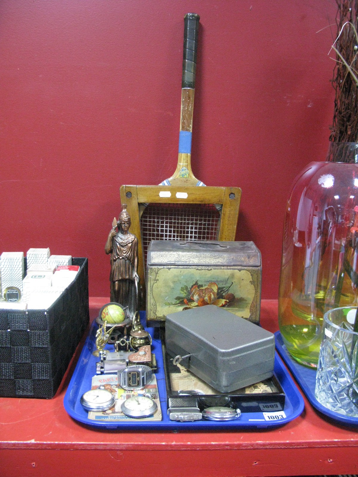 A Cork Diorama, Circa 1900 'Casket' Advertising Storage Tin, safety box, Ronson, Polo and other