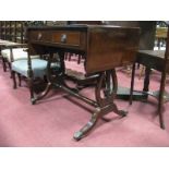 A Modern Mahogany Sofa Table, two short frieze drawers, D drop ends, all on lyne stretchered ends,