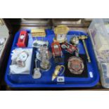 Novelty Clocks, brass gavel, Doncaster Wheelers blazer badge, etc:- One Tray