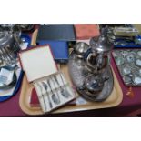 A Plated Three Piece Tea Service, plated and engraved tray, cased teaspoons, other cased cutlery,