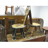 Two Late XX Century Poker Work Carved Prayer Chairs, with octagonal seat on splayed turned legs, one