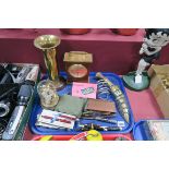 A Brass Shellcase Vase, pen sets, knife, clocks, spectacles, etc:- One Tray