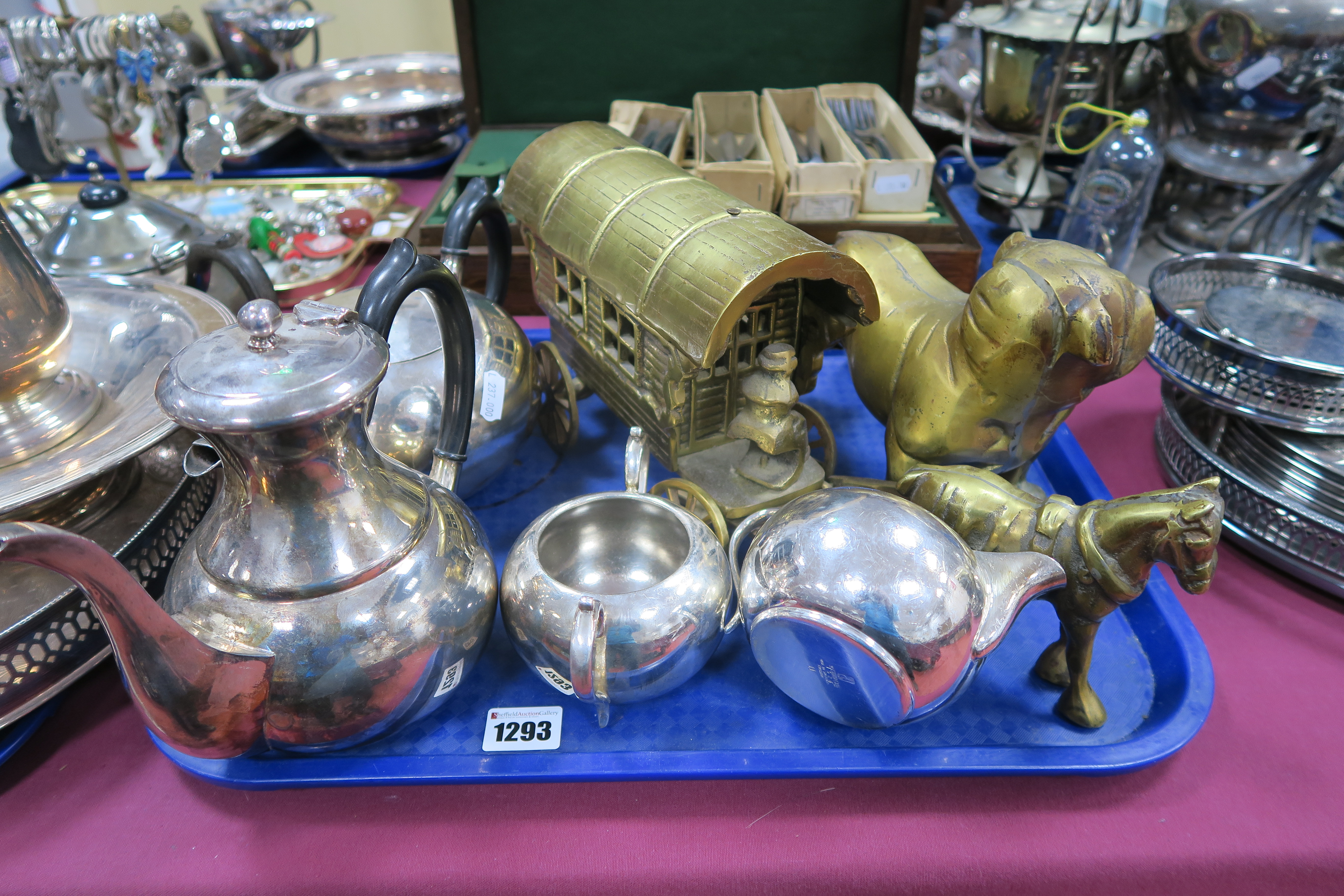 A Heavy Cast Brass Model Bulldog, brass Romany cart and horse and a four piece plated tea