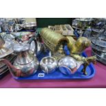 A Heavy Cast Brass Model Bulldog, brass Romany cart and horse and a four piece plated tea