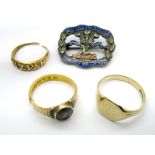 A 9ct Gold Gent's Signet Ring, a single stone ring (shank cut), a Mizpah ring (shank worn/split) and