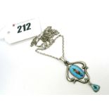 Charles Horner; An Enamel Pendant, highlighted with a rose on turquoise ground, suspending drop