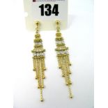 A Pair of Modern 18ct Gold Diamond Set Drop Earrings, each of delicate tapering beaded drop