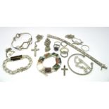 A Hallmarked Silver Curb Link and Tigers Eye Set Bracelet, cluster dress ring, handmade bangle,