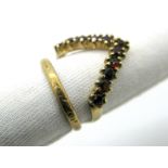 A 9ct Gold Garnet Set Wishbone Ring, claw set throughout; Together with A Patterned Wedding Band. (