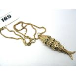 A Novelty Articulated Fish Pendant, on box link chain stamped "375".