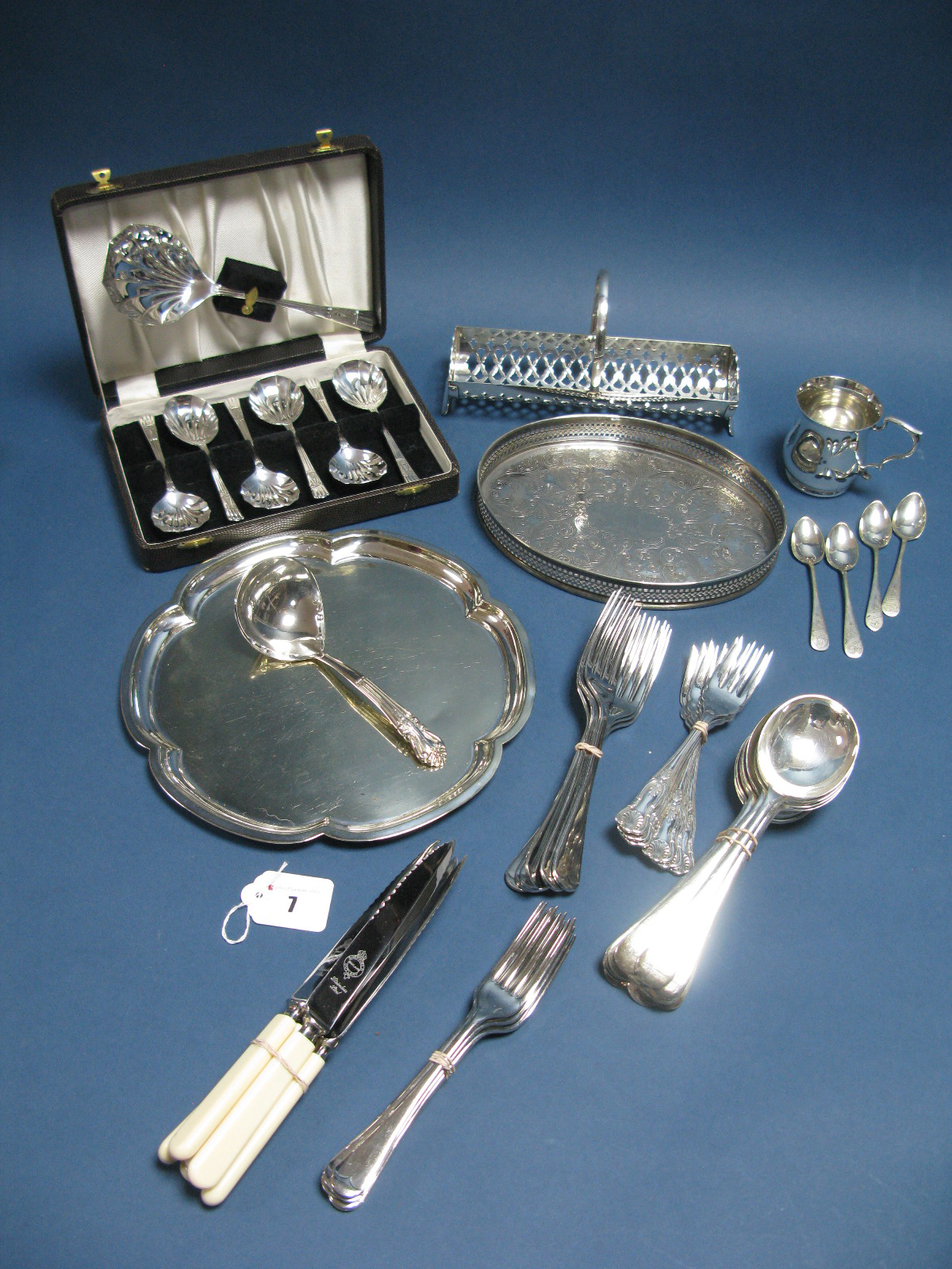 Cased and Loose Plated Cutlery, small oval galleried tray, christening type mug, etc:- One Tray