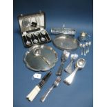 Cased and Loose Plated Cutlery, small oval galleried tray, christening type mug, etc:- One Tray