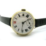 An 18ct Gold Cased Trench Style Gent's Wristwatch, the white dial with black and red Roman