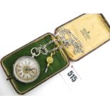 A Continental Cased Ladies Fob Watch, the gilt highlighted dial with Roman numerals, within