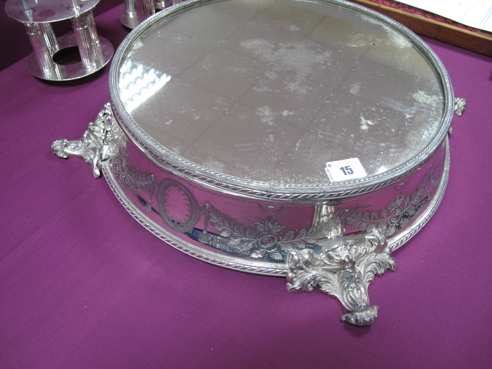 A Late XIX / Early XX Century Plated Wedding Cake Stand, with mirrored plateau, within a ribbon tied - Image 3 of 7