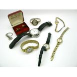 A 9ct Gold Cased Ladies Wristwatch, on two row bracelet, together with other assorted ladies and