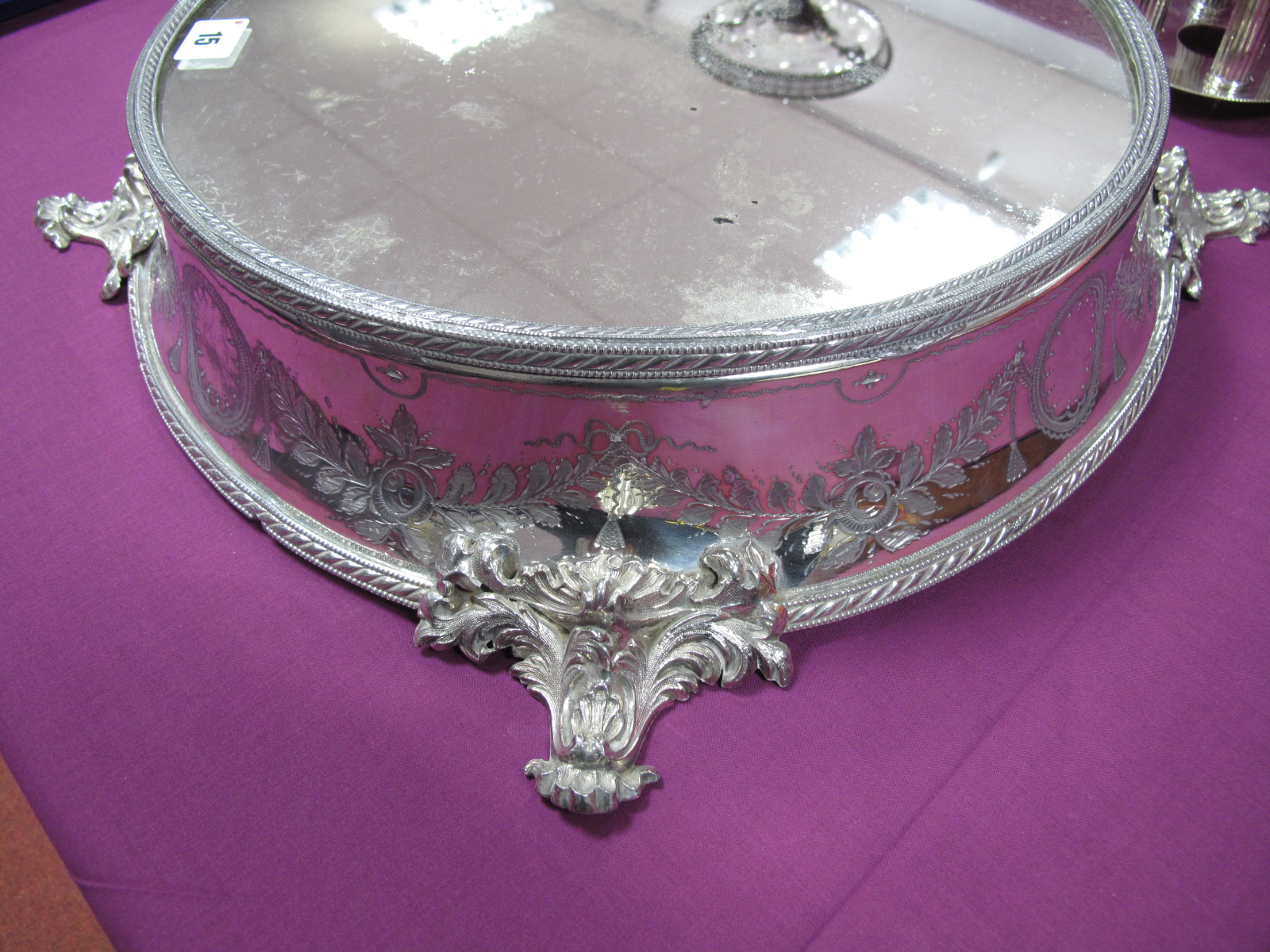 A Late XIX / Early XX Century Plated Wedding Cake Stand, with mirrored plateau, within a ribbon tied - Image 2 of 7