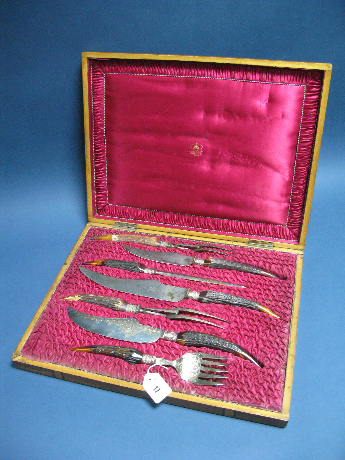 A XIX Century Barnett & Scott Wooden Case, fitted with assorted stag handled carving knives and