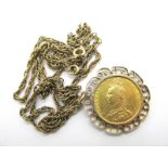 A Victoria Sovereign, 1889 (M), loose set within 9ct gold openwork pendant mount, on a chain.