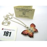 Saturno; A Modern Hallmarked Silver and Enamel Butterfly Pendant, on a chain stamped "925".