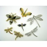 Seven Modern Dragonfly and Insect Brooches.