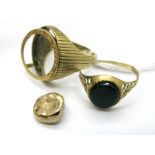 A 9ct Gold Ring Mount, (fitted for a coin) together with a signet style ring and dental gold.