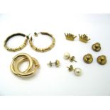 A Pair of 9ct Gold Stud Earrings, each as a crown, a pair of pearl stud earrings, a pair of 9ct gold
