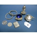 A Three Piece Plated Cruet, a vesta case allover detailed in relief, coins, etc.