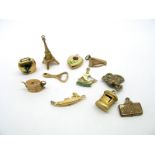 9ct Gold and Other Novelty Charm Pendants, including post box, enamelled heart, harp, teapot, etc.