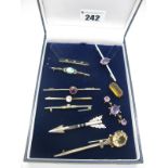 A Collection of XIX Century and Later Bar Brooches, including banded agate arrow, Scottish silver,