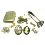 Costume Brooches, chains, E.P.N.S cigarette case, tongs, etc.