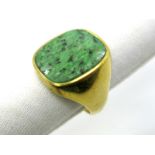 A Gent's Hardstone Inset Signet Style Ring, the cushion shape panel rubover set, stamped.