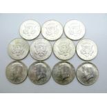 Eleven United States 'Kennedy' Half Dollar Coins, all dated 1964, regularly good grades.