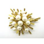 A Modernist Style Pearl Set Brooch, of textured abstract design, stamped "18k".