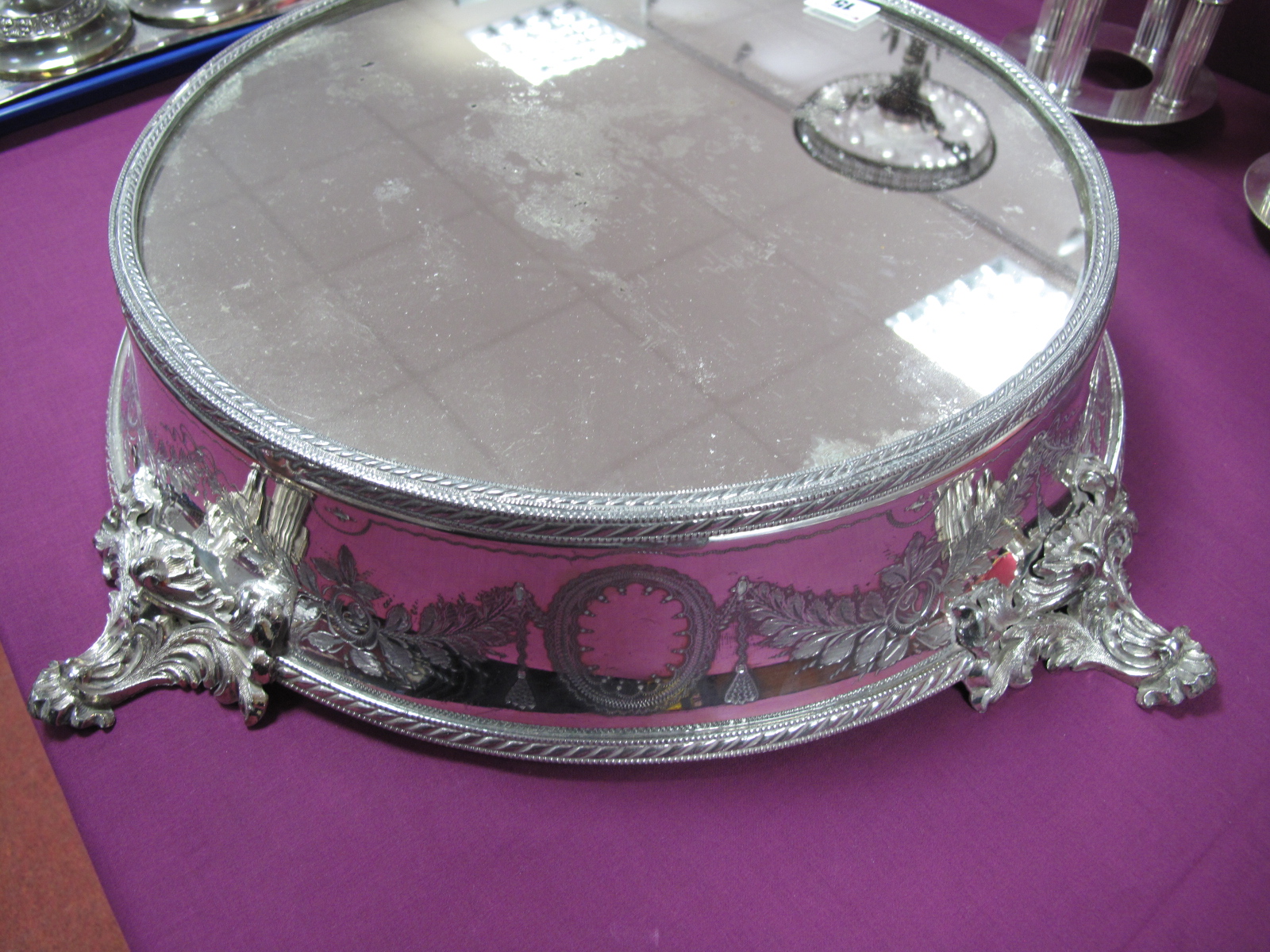 A Late XIX / Early XX Century Plated Wedding Cake Stand, with mirrored plateau, within a ribbon tied - Image 4 of 7