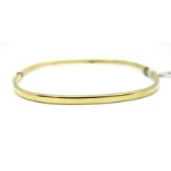 A Modern 9ct Gold Bangle, of plain square design, hinged to snap clasp.