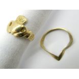 A 14ct Gold Irish Claddagh Ring, together with a 9ct gold wishbone ring (misshapen). (2)