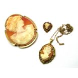 A 9ct Gold Oval Shell Carved Cameo Brooch, depicting female profile, claw set; together with a 9ct