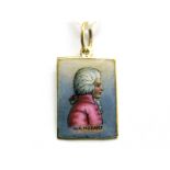 A Rectangular Enamel Panel Pendant, detailed with profile of Mozart, stamped "585".