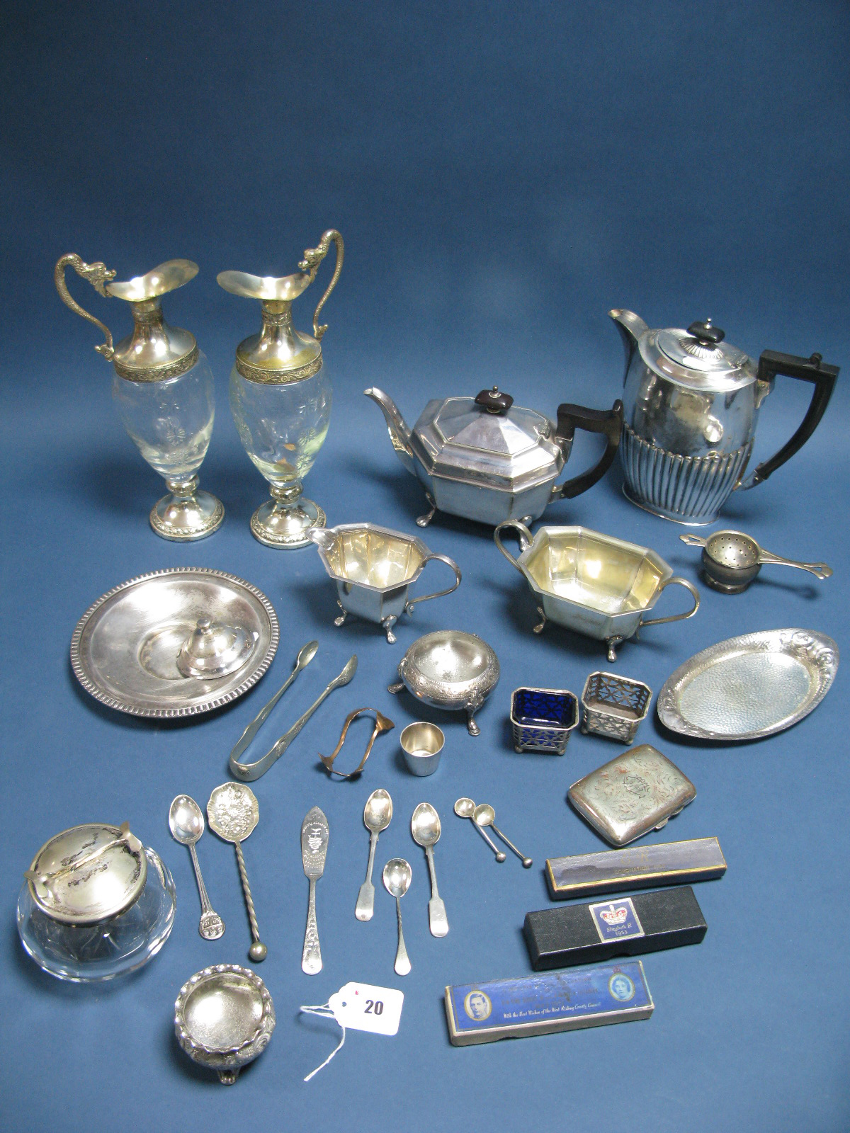 Assorted Plated Ware, including three piece tea set, sugar pot, pair of ewers, salts, sugar tongs,