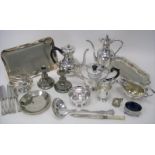 A Mixed Lot of Assorted Plated Ware, including three piece tea set, pair of candlesticks, Kings