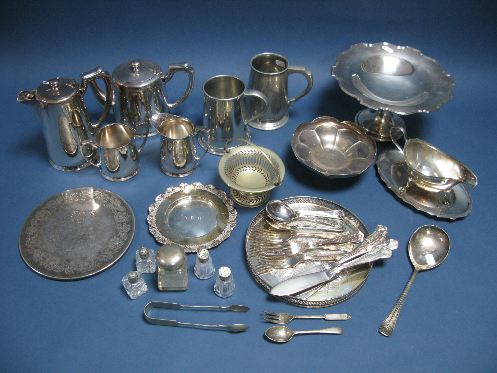 A Mixed Lot of Assorted Plated Ware, including HB&H four piece tea set, comport, sauce boat on