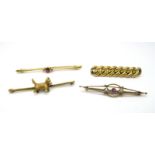 A Plain Bar Brooch, with applied dog detail; a curb link bar brooch, an openwork bar brooch and