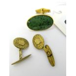 A Gent's Hardstone Inset Oval Panel Cufflink, rubover set, on hinged back, stamped; together with