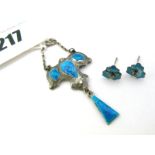 An Enamel Pendant, of shaped design, highlighted in turquoise, suspending drop; Together with A Pair