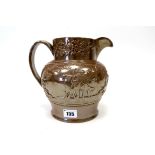 A Saltglazed Stoneware Pottery Harvest Jug, applied with a hunting scene within a floral border,