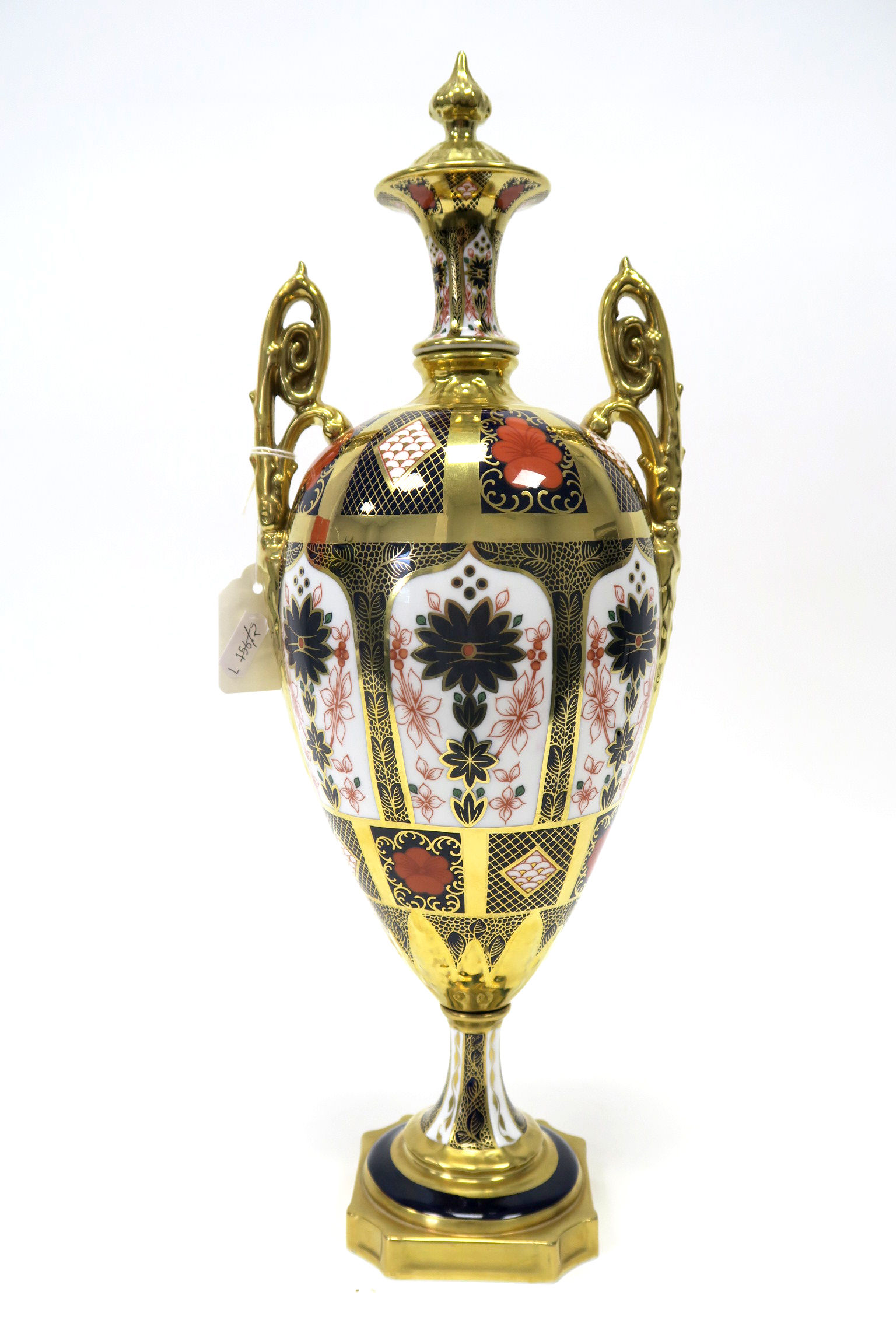 A Royal Crown Derby Porcelain Vase, of two-handled baluster form, with moulded cover, raised on a